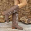 2024 Горячая Распродажа Туфли для женщин Женские сапоги Зимние квадратные носки Вышитые однотонные высокие сапоги на толстом каблуке Рыцарские сапоги