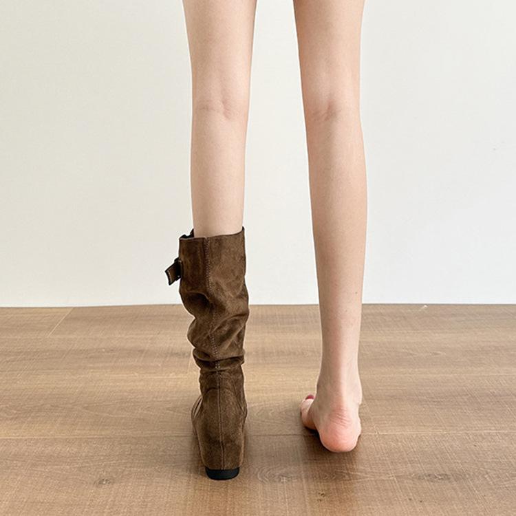 Сапоги на меху женские плоские французские ретро тонкие средней длины универсальные ленивый ветер но сапоги до колена модные сапоги женские