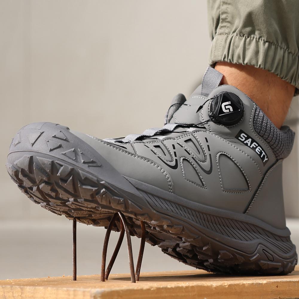 Качественная защитная обувь Мужские ботинки Вращающаяся кнопка Рабочие ботинки Ботинки со стальным подноском водонепроницаемые кожаные ботинки Мужская защитная обувь Нескользящая