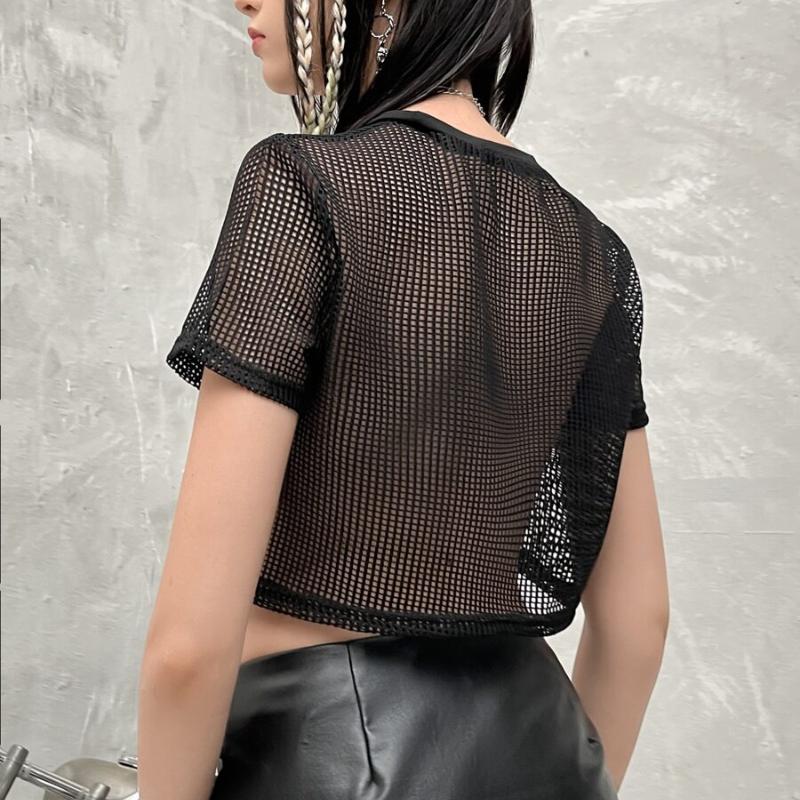 Летняя футболка Y2K с полыми вставками из сетки с принтом