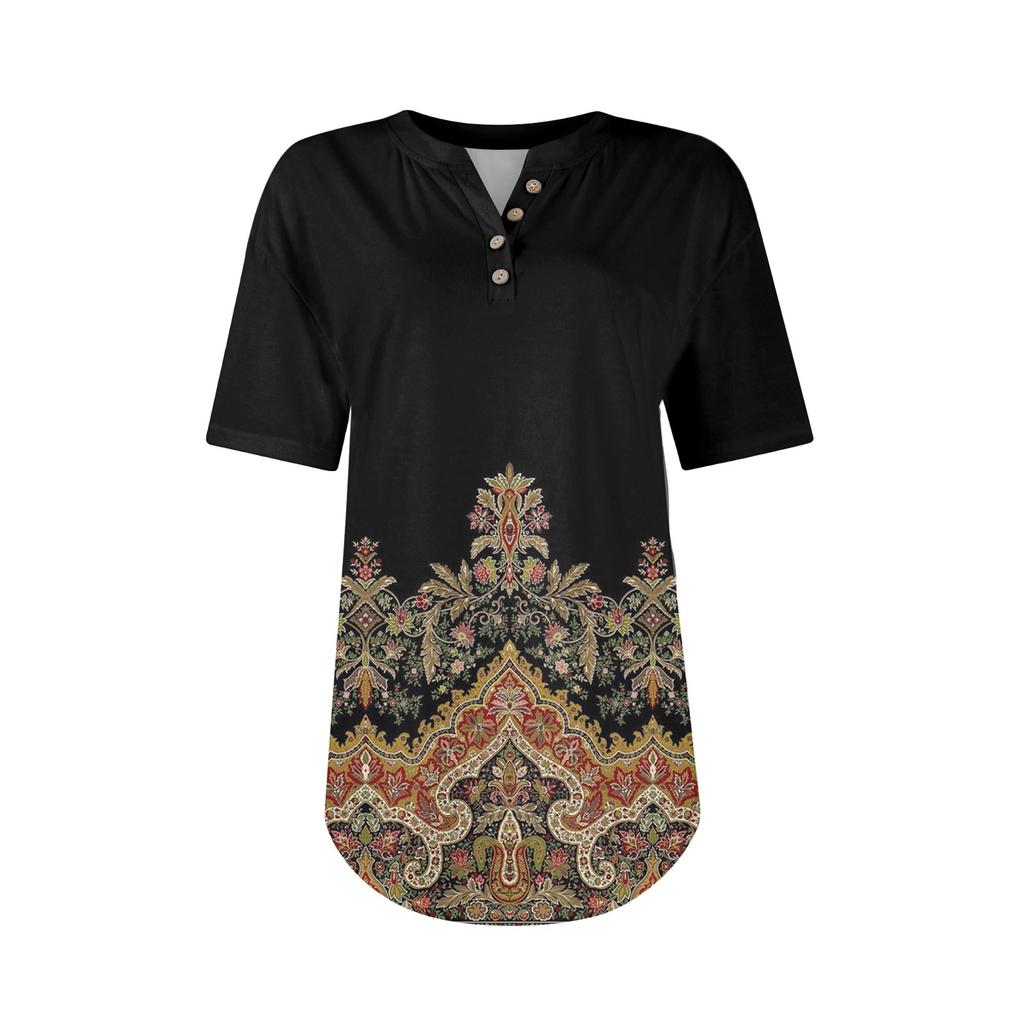 Short Sleeve Womens Tops Summer T-Shirts Floral Print V Neck Casual Basic Tee Button Shirts Tunic Tops