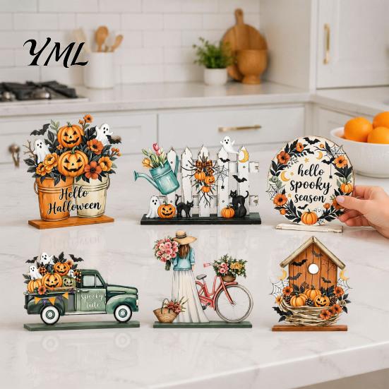 Unique Halloween Gift Ideas 6Pcs Decors, Hello Table Topper Signs, Spooky Pumpkin Ghost Truck Decorative Wood Signs Tiered Tray Centerpiece, Farmhouse