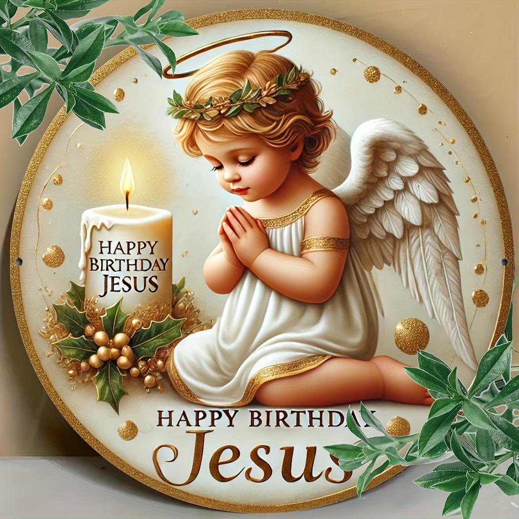 Wooden 1pc Angel Theme "Happy Birthday Jesus" Round 2D Flat Wooden Sign - Wood Decorative Plaque for Door, Wall, Home, Room, Farmhouse, Street, Garage