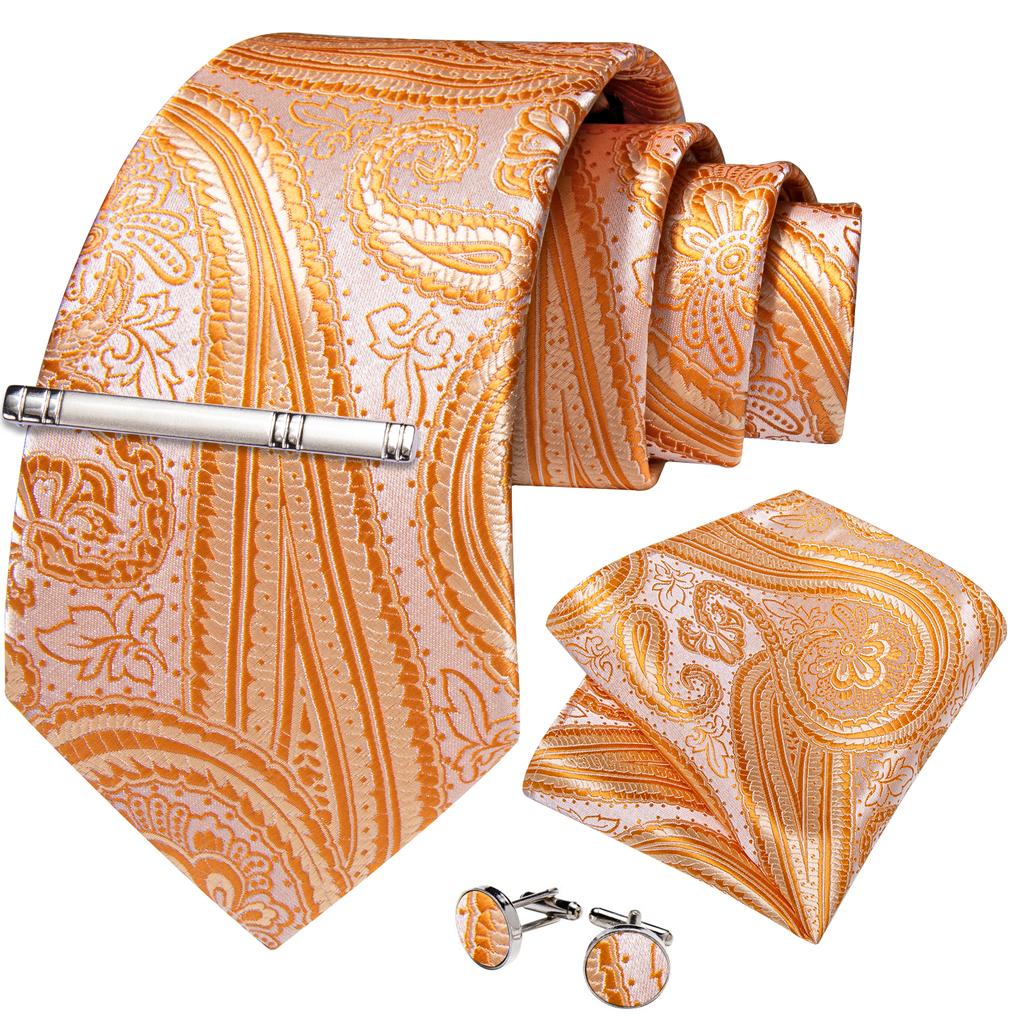 Men's Tie Silk Paisley Classic Wedding Necktie and Pocket Square Cufflinks Set