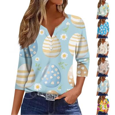 Жен. Футболка Футболка С принтом Пуговицы Рукав 3/4 Повседневные Выходные Мода Классический V-образный вырез Обычный Топ