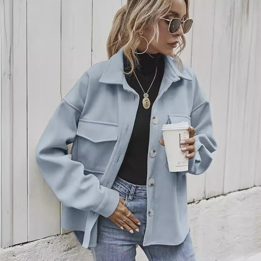 Женское шерстяное пальто с лацканами из Европы и Америки 2024 года, осень/зима — однобортное, свободного кроя, однотонное