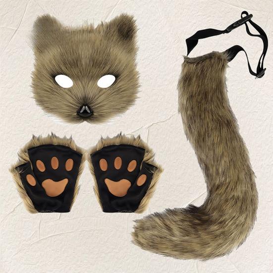 Faux Fur Cat Fox Maque Tail And Paw Gloves Set Handmade Furry Animal Therian Kit Masquerade Halloween Party Cosplay Costume Accessory