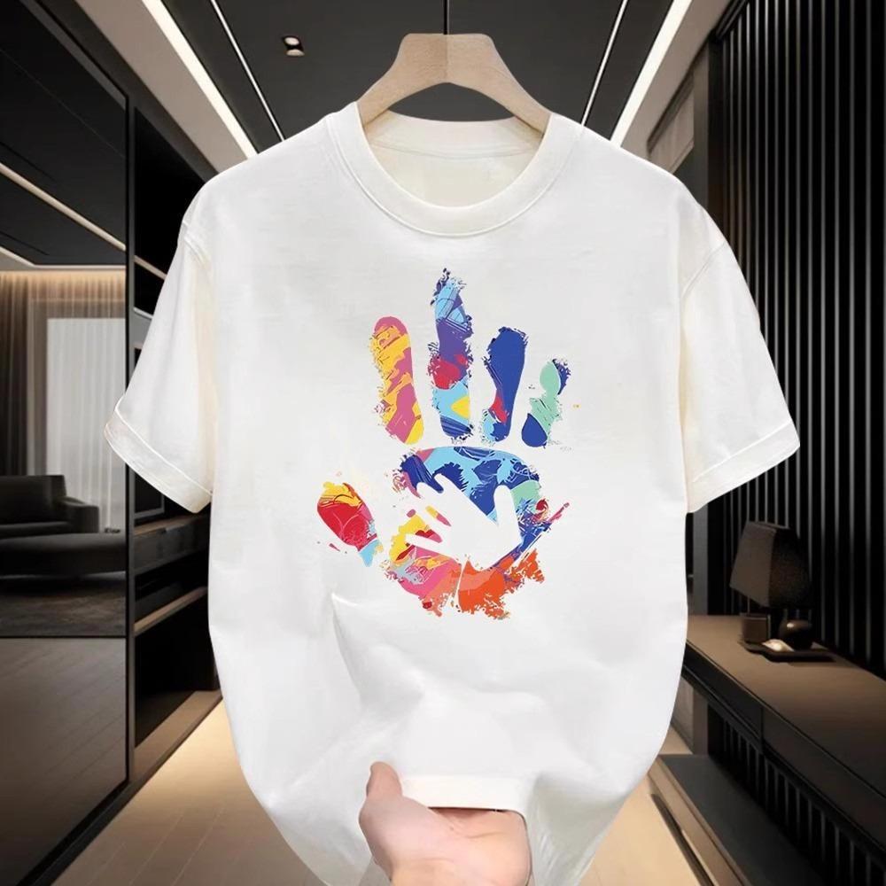 Palm Print Short-sleeved T-shirt Men's and Women's Summer Trend Men's T-shirt White Cotton Loose Versatile Top