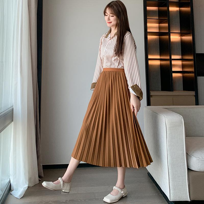 Pleated Large Swing A Word Umbrella Skirt Long Skirt Spring Summer Elastic High Waist High Temperature Pleated Retro Thin Middle Length Bustier Skirt