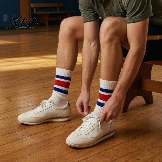 Unisex Mid Calf Socks Mid-calf Sports Socks, Cotton Contrast Striped Crew Moisture Cushioned Footbed Wicking Athletic for Autumn And Winter Daily Wear
