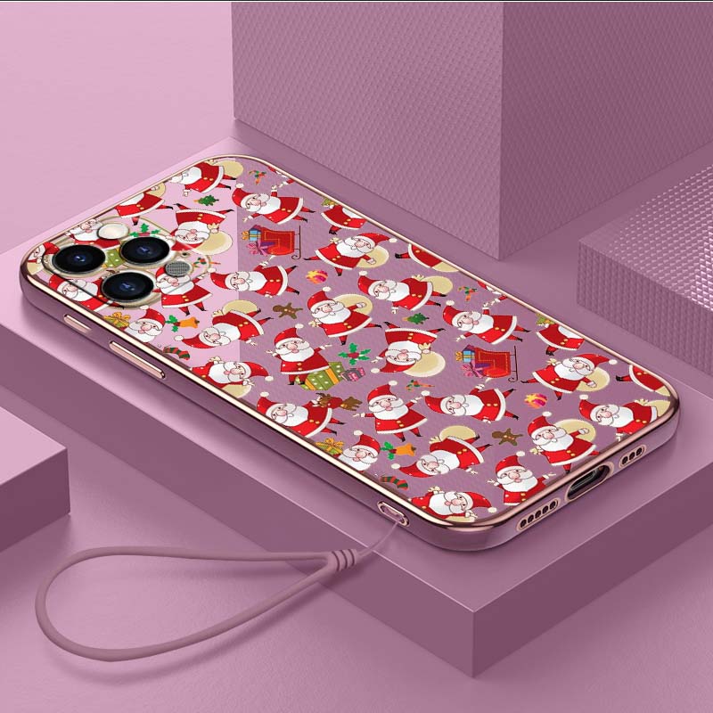 Luxury Plated TPU Phone Case With Lanyard for iPhone 6 6s 7 8 Plus SE XR XS 11 12 13 14 15 Pro Max Soft Cases A23 Santa Claus Happy New Year Cover