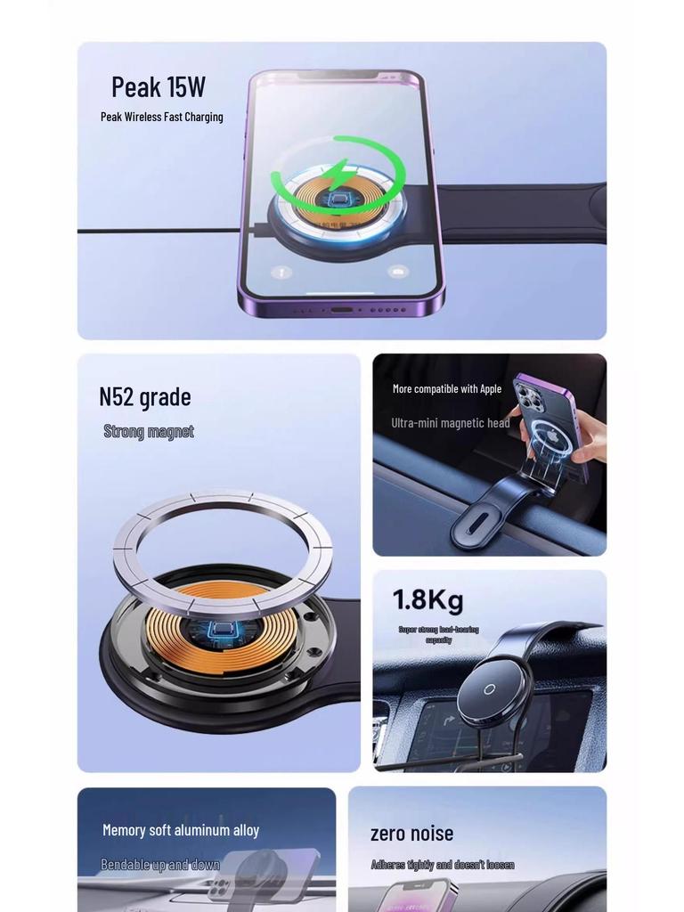 Складной беспроводной автомобильный держатель для телефона MagSafe 15 Вт с магнитной панелью для навигации