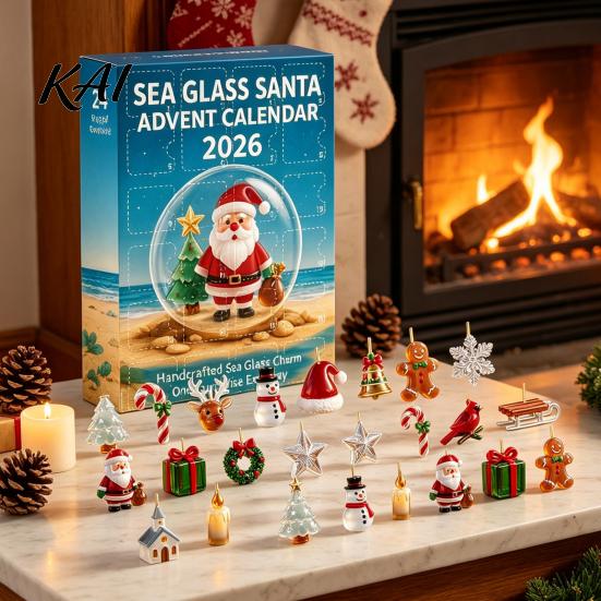 2D Sea Glass Ornament Set Christmas Advent Calendar 2026, 24 Days Acrylic Tree Bear Elk Holiday Countdown Gift Box Snowman Ornaments for Tree, Window