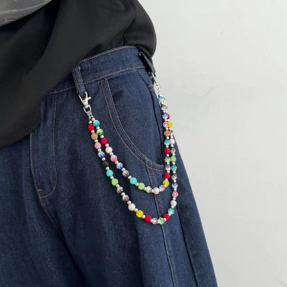 Gothic Punk Belt Chain Jeans Chain Pants Chain Punk Colorful Rhinestone Bead Waist Chain  Male
