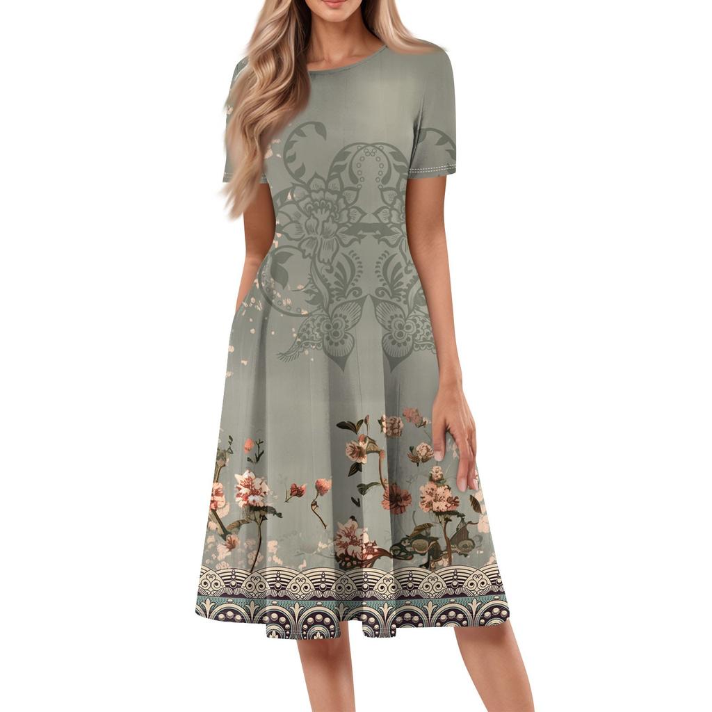 Women's Loose Casual And Fashionable Round Neck Short Sleeved Printed Mid Length Dress