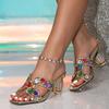 Liyke Strange Style Crystal Fretwork Heels Women Party Slippers Fashion Sequined Diamonds Strap Sandal Female Mules Slides Shoes