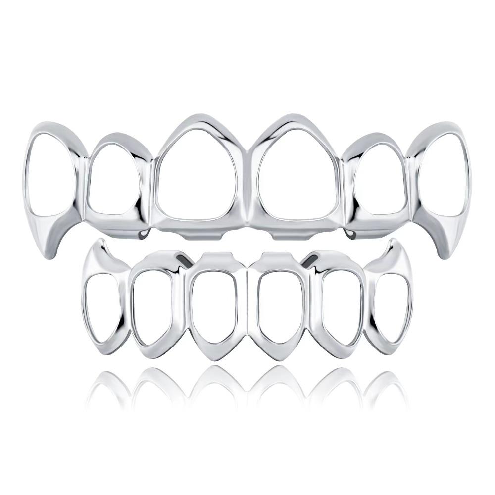 Eco-friendly Copper Hollow Teeth Grillz Top Bottom Set Glossy Finish Teeth Jewelry Party