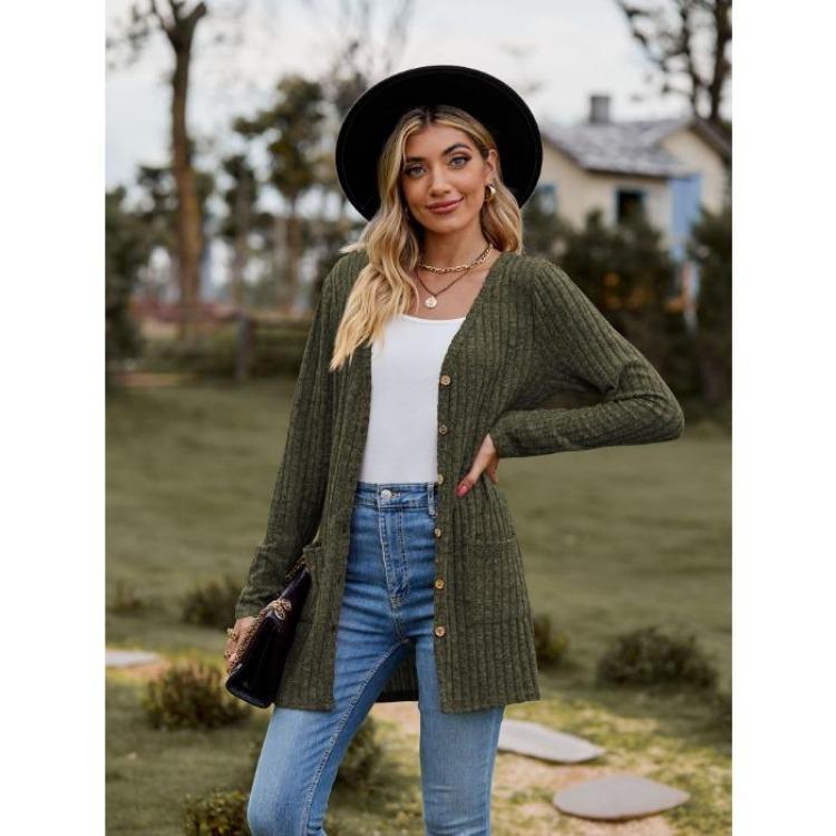 Women's Cardigan Sweater Long Sleeve Solid Color Striped Knit Autumn Winter Fashion