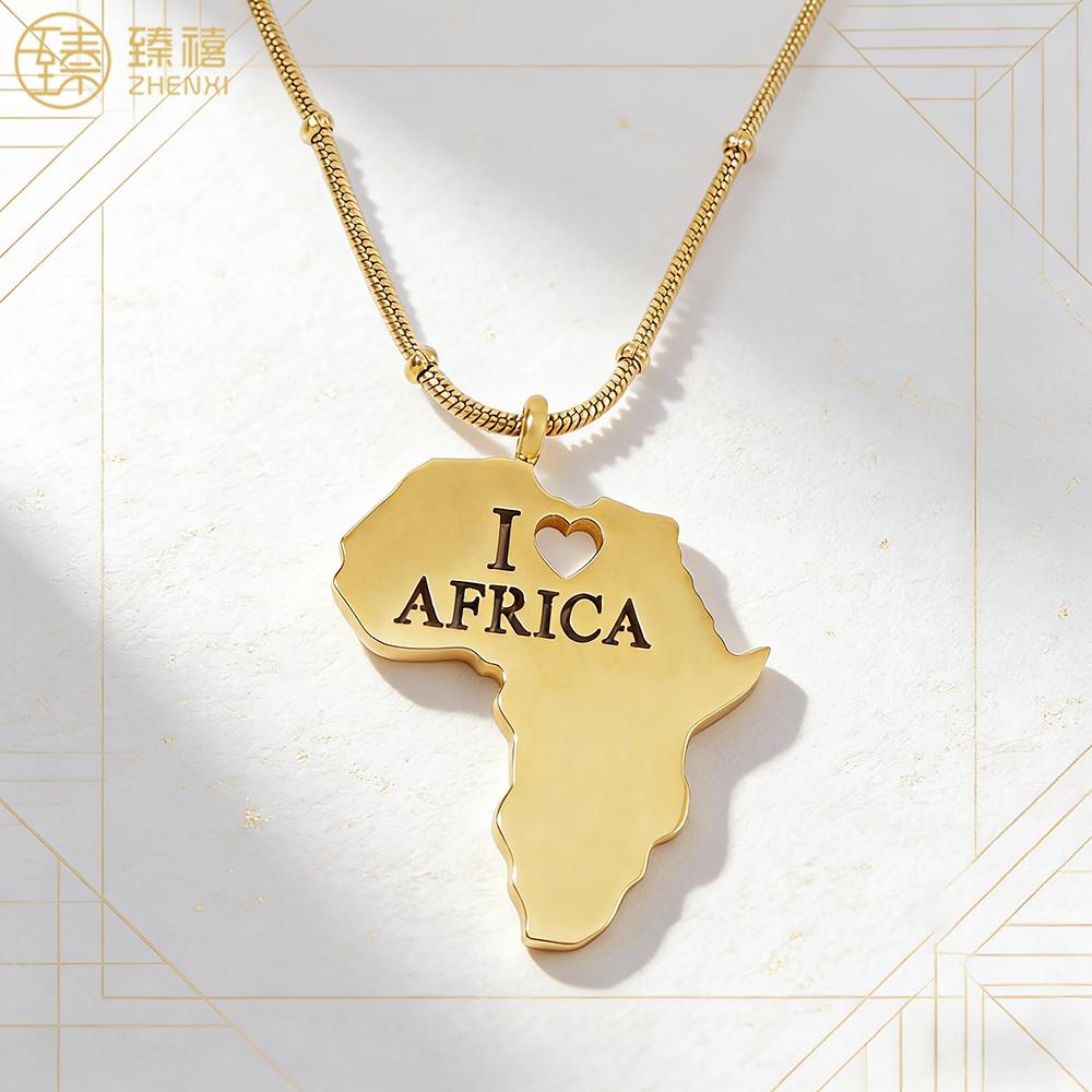 ZHENXI Design Jewelry Hollow I Love Africa Pendant Map Necklace 18K Gold Stainless Steel Trendy Link Chain for Man and Woman