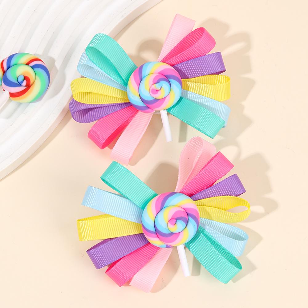 2Pcs Trendy Lollipop Hair Clip Sweet Rainbow Candy Ribbon Hairpin Cute Popular Bow Barrette For Girls Kids Headdress Accessories