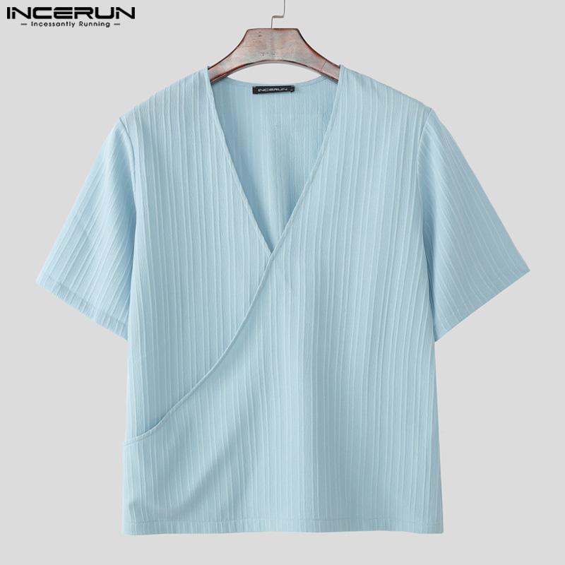 INCERUN Мужские комплекты из двух предметов: рубашка с коротким рукавом и текстурой, с V-образным вырезом, и длинные прямые брюки