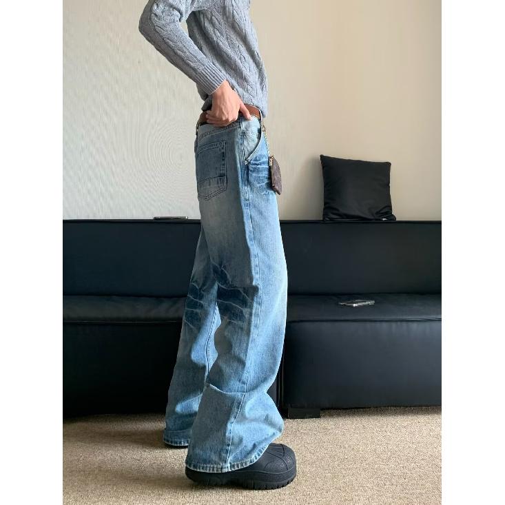 Осень и зима Новые американские джинсы High Street Washed Light Color для мужчин и женщин Прямые слегка расклешенные свободные широкие брюки