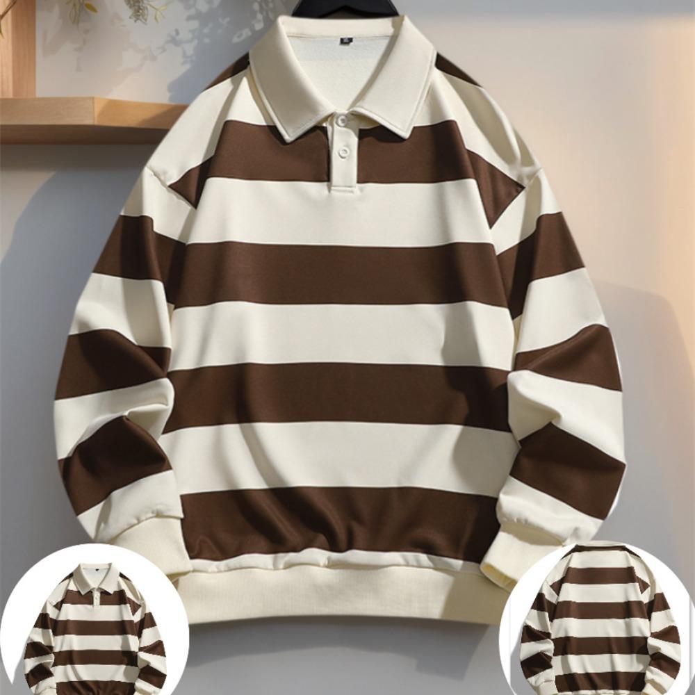 Men Long-sleeved T-shirt 2025 Autumn New Fashion Trend Striped Printing Casual Loose Outdoor Camping Lapel Top Couple POLO Shirt