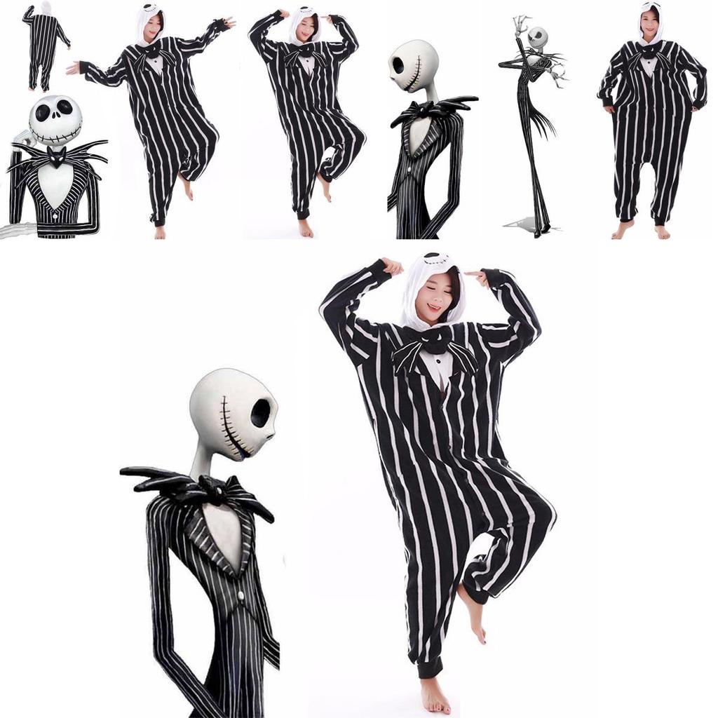 Cozy Nightmare Before Christmas Jack Pattern Sleepwear Jumpsuit With Hood And Tuxedo Design