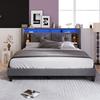 Upholstered Bed Double Bed Storage Headboard with Charging USB and LED Lighting Bed Frame Slatted Base of Wood, 140*200CM Grey (Without Mattress)