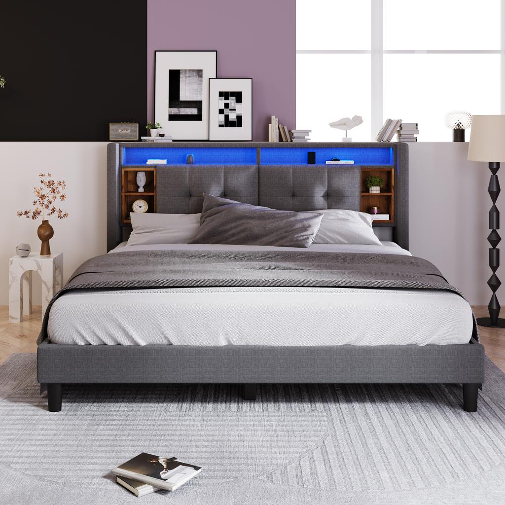 Upholstered Bed Double Bed Storage Headboard with Charging USB and LED Lighting Bed Frame Slatted Base of Wood, 140*200CM Grey (Without Mattress)