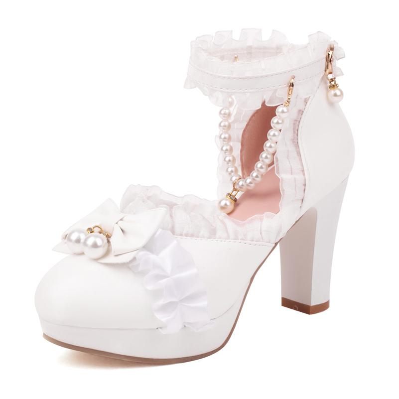 Туфли-лодочки Лолита с ремешком на щиколотке, с круглым носком на платформе, на высоком каблуке Kawaii, женская обувь с пряжкой и бантом из бисера, весна-осень
