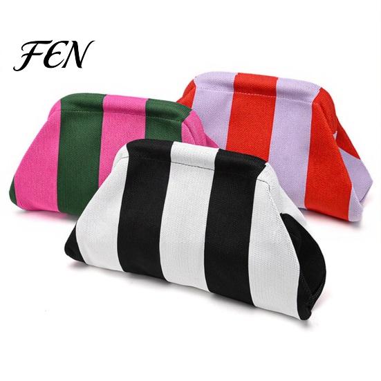 Toiletry Storage Bag Women Woven Striped Clutch Purse, Large Capacity Kiss Lock Organizer Pouch Cosmetic Pouch, Summer Beach Vacation Evening Dumpling