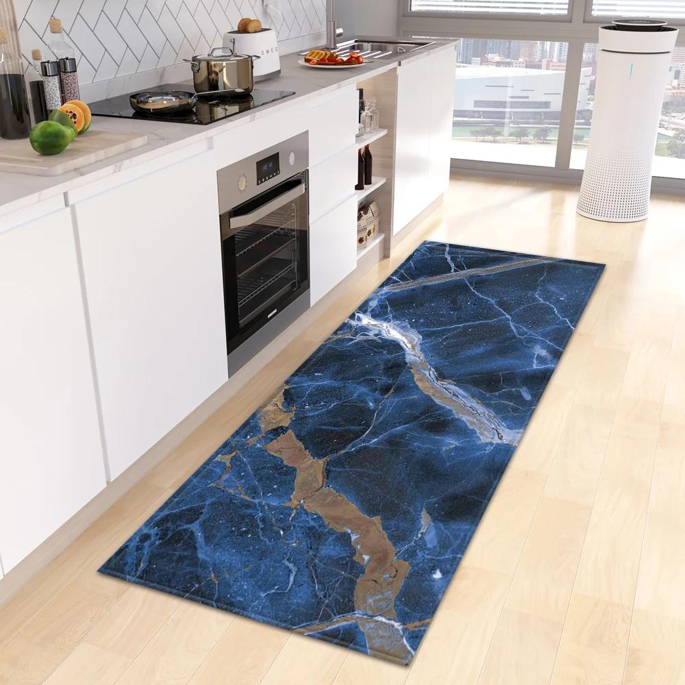 Marble Print Kitchen Runner Rug, Modern Gold Black Vein Non-Slip Water Oil Resistant Floor Mat