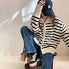 Retro Lapel Striped Double Zipper Knitted Cardigan Women's Autumn and Winter New Loose Versatile and Thin Sweater Jacket
