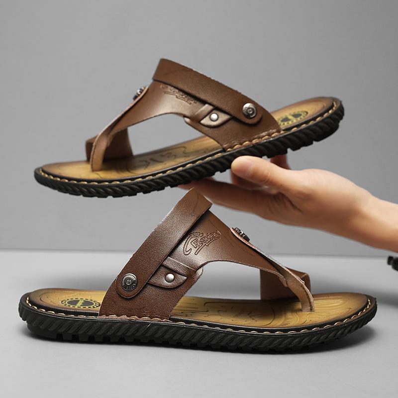 Летние мужские сандалии, нескользящие шлепанцы для мужчин, пляжные сандалии, кожаные тапочки на мягкой подошве, мужские повседневные сандалии для отдыха на открытом воздухе, большой размер
