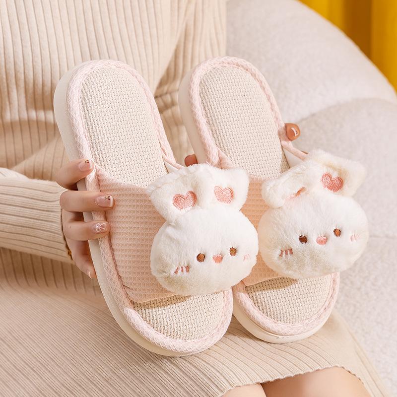 Модные милые льняные тапочки с кроликом, женские нескользящие тапочки с мягкой подошвой, домашние тапочки для женщин, осенне-зимние хлопковые тапочки для спальни, женские
