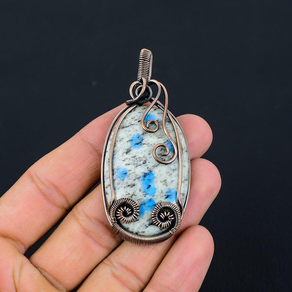 K2 Azurite Gemstone Pure Copper Wire Wrapped Handmade Jewelry Pendant