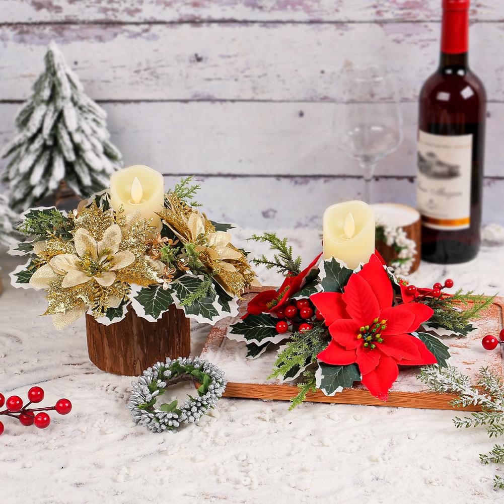 2 Pcs Christmas Candle Rings Candle Wreaths Poinsettia Holly Leaves Berries Decor