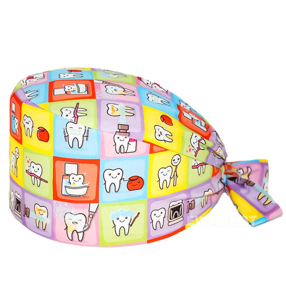 New Women Men Surgicals Hat with Buttons Adjustable Bouffant Teeth Print Working Nursing Cap Dental Clinic Scrubs Hats Long Hair