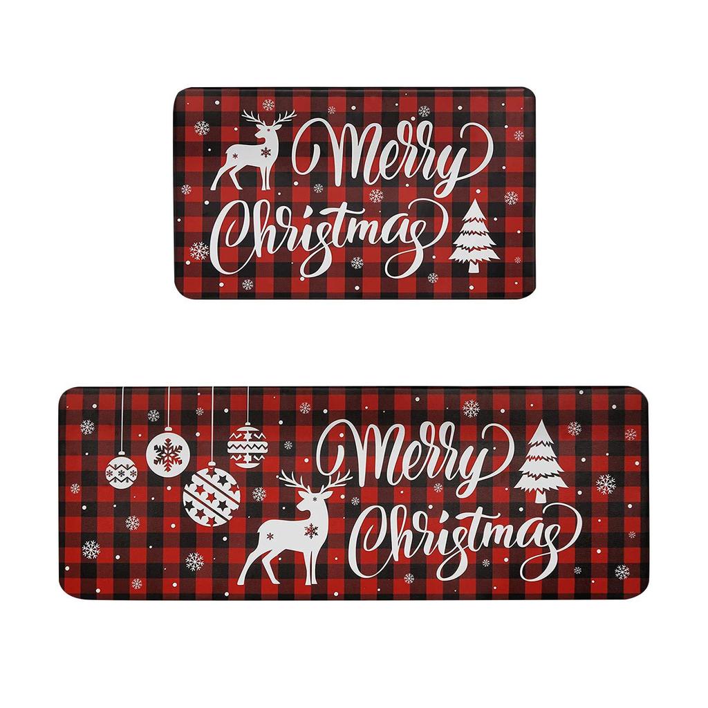 VIKAMA 2pcs Christmas Winter Crystal Velvet Floor Rug Kitchen Non-slip Mat Entrance Welcome Door Mat Holiday Home Decoration