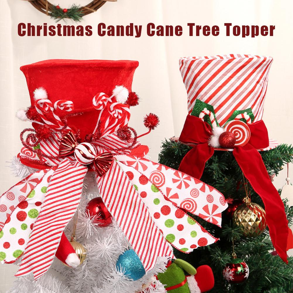 Red Christmas Tree Topper Hat With Bow Ribbon Cane Sugar Decoration Winter Holiday Tree Decor