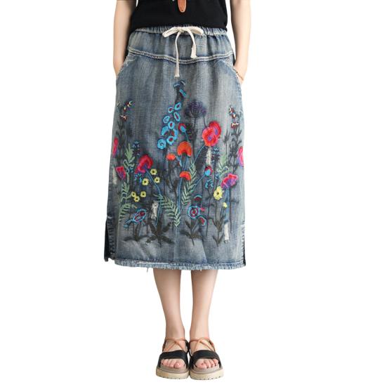 Женская юбка миди с эластичным шнурком на талии, вышитым цветочным узором, джинсовая юбка с карманами, боковые разрезы по низу юбки