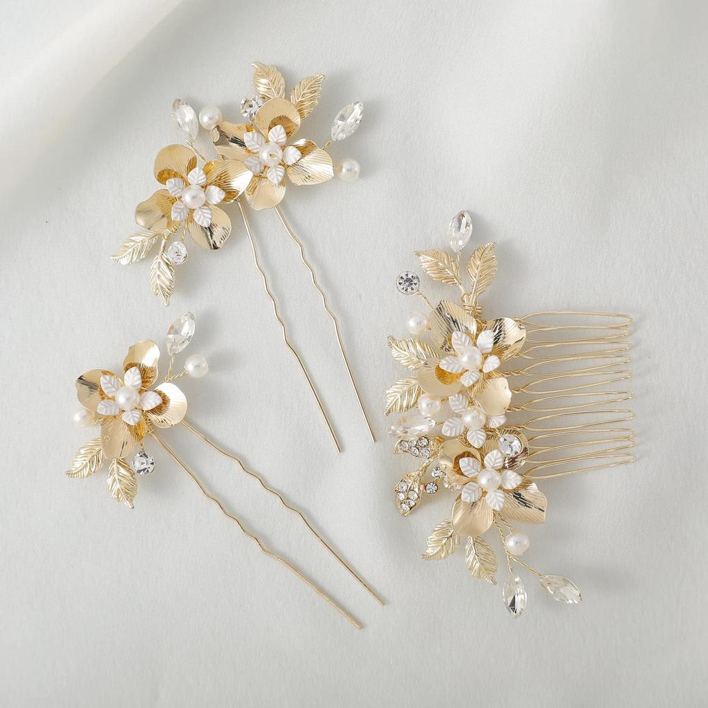 Украшение для волос Haodeliy, головной убор, гребень, U-образная булавка, набор из 3 предметов, свадебный аксессуар для волос ручной работы, головной убор, украшение для волос, цветок, свадебный прием после