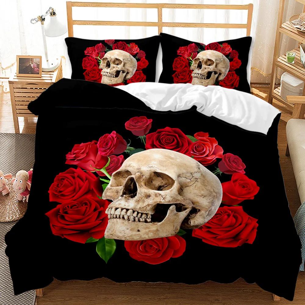 Комплект постельного белья с черепом Queen 3D Skeleton Floral Skull Pattern Printed Beds Qulit Cover Gothic Microfiber Beds Queen Size