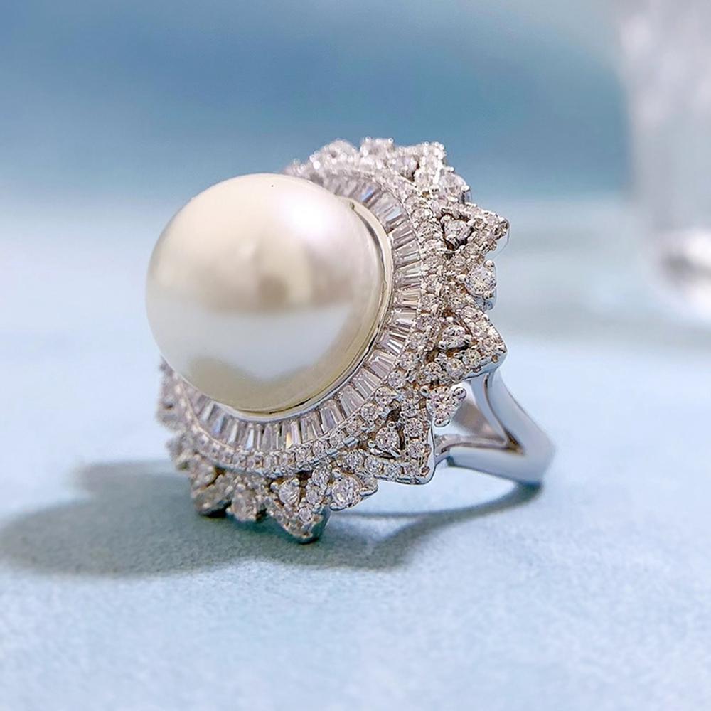 18k White Gold Pearl 14mm Faceted Gemstone Ring For Women Engagement Gift 925 Sterling Silver Luxury Jewelry