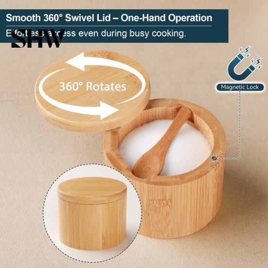 Kitchen Spice Storage Organizer Wood Salt Container with Swivel Magnetic Lid, Built-in Spoon Seasoning Jar Jar, Moisture Proof for Countertop