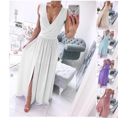 Женское вечернее платье с V-образным вырезом без рукавов, плиссированное подол с разрезом, тонкая талия, длина до пола, сплошной цвет, свадебное коктейльное платье для выпускного вечера, макси-платье