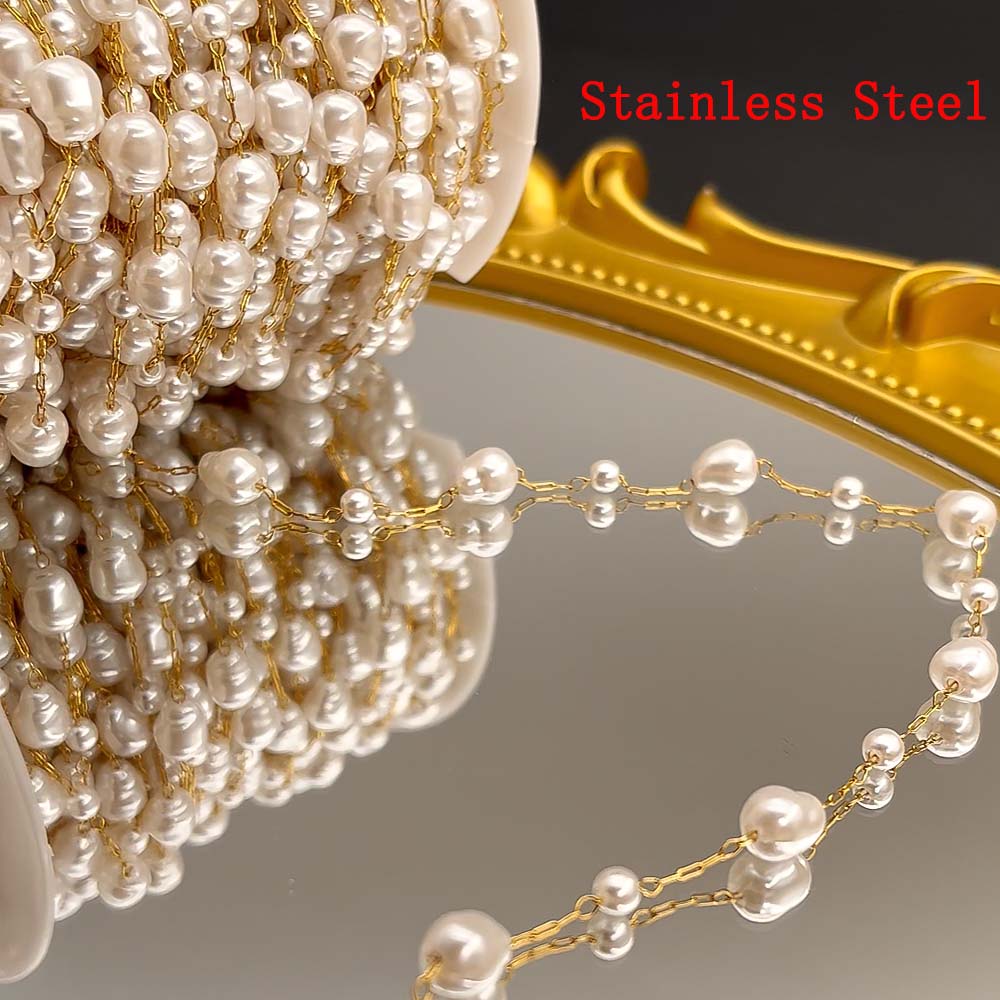 1 Meter Stainless Steel 3mm Gold Beaded Stone Pearls Chains for DIY Jewelry Findings Necklace Bracelet Supplies Earrings Making