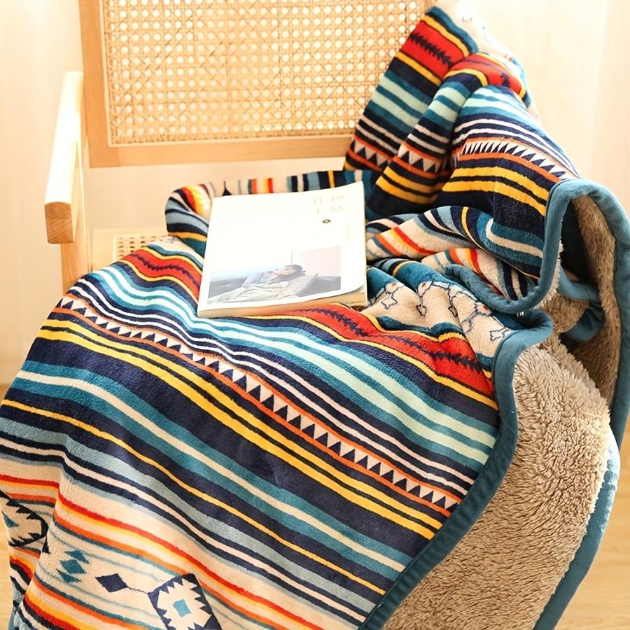 Bohemian Style Double Layer Flannel Blanket Composite Thickened Warm Nap Throw Blanket for Sofa Striped Print Bed Blanket Cover