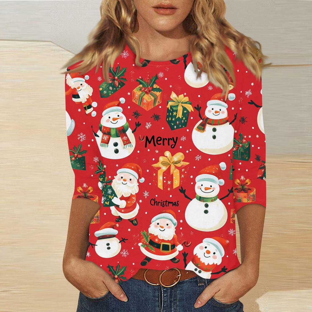 Women's Fashion Casual Three-quarter Sleeve Christmas Printed Round Neck Pullover Top